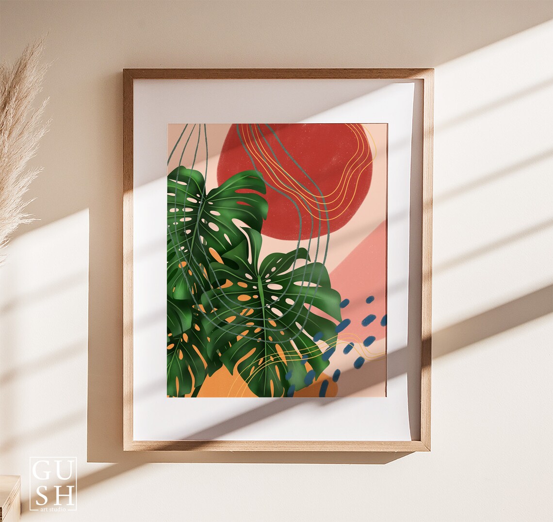 Monstera Deliciosa Art Print Red Sun Line Art Blush Pink Background - Image 2