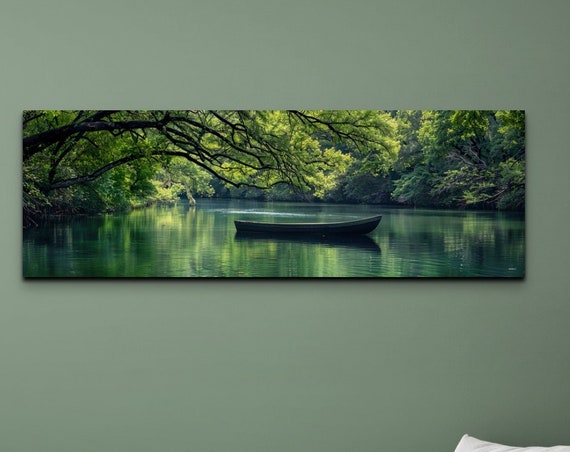 Boat In A River Wall Art Print Panoramic Wall Decor Livingroom Ready To Hang Nature Decor Tranquil And Calm Wall Decor Canoe