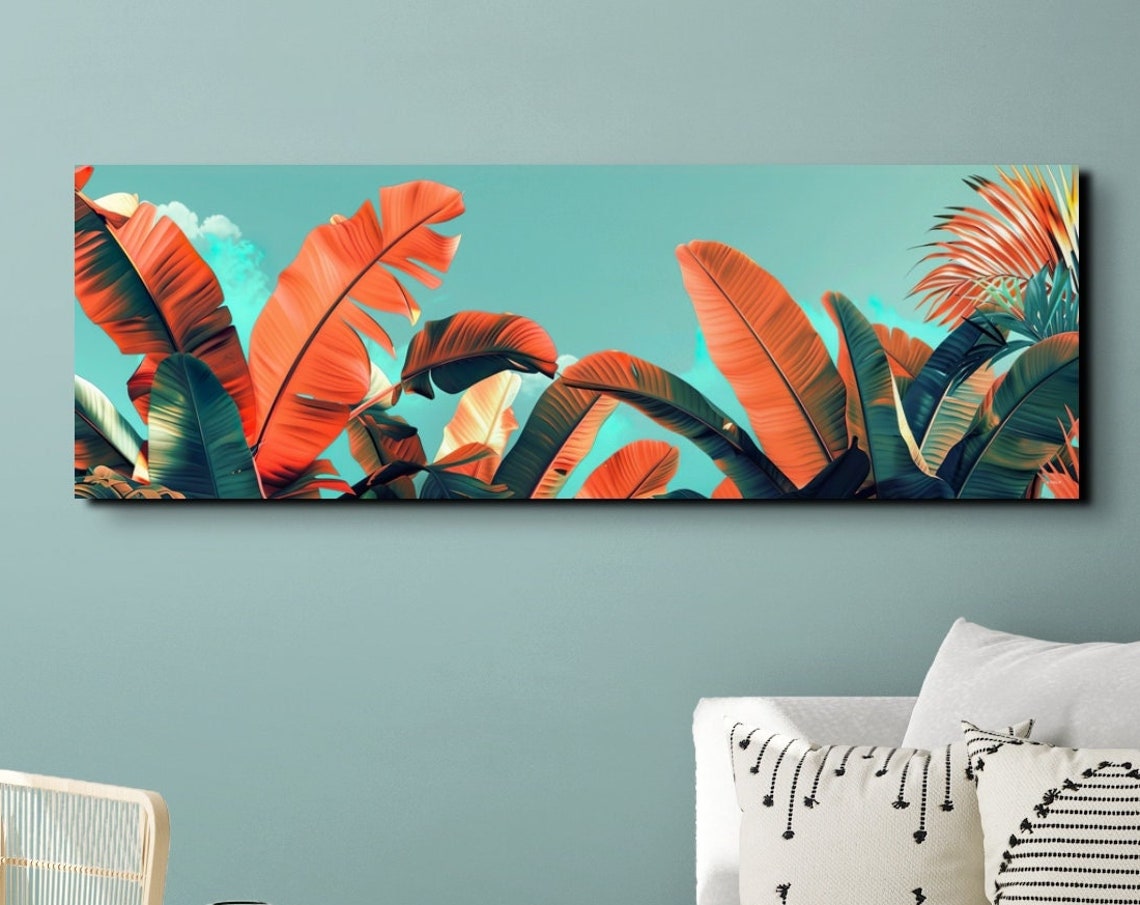 Burnt Orange Banana Leaves Against a Teal Sky Panoramic Poster