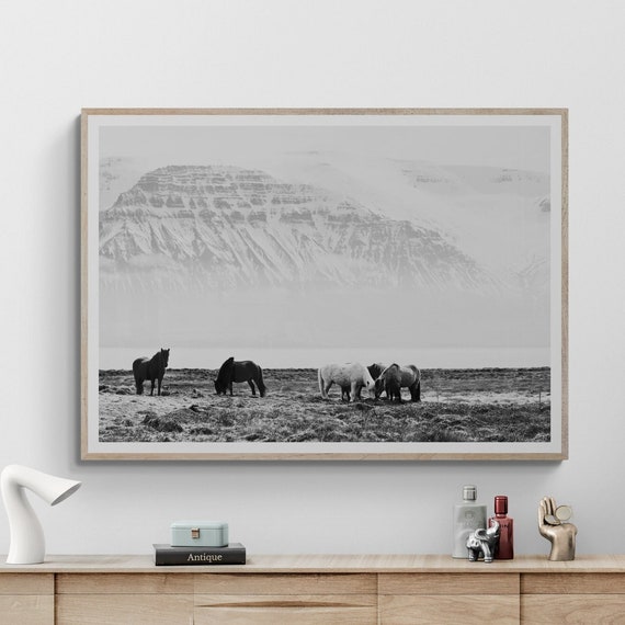 Fine Art Wild Horses Mountain Print Black And White Animal Nature Framed Photography Home Decor
