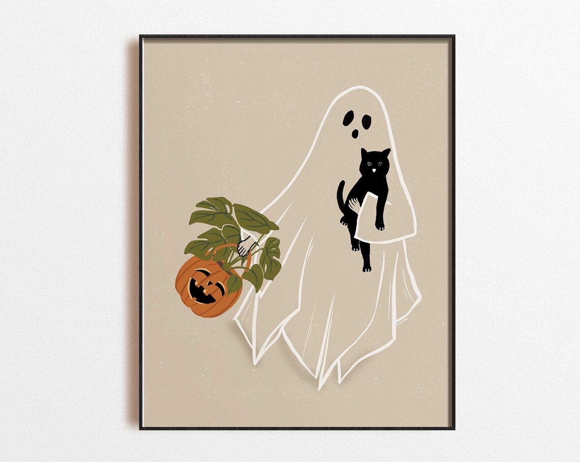 Ghost Halloween Print, Cat and Pumpkin Decor