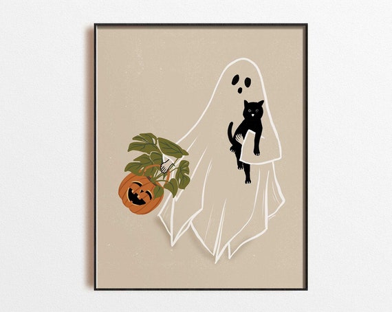 Ghost Halloween Print, Cat and Pumpkin Decor