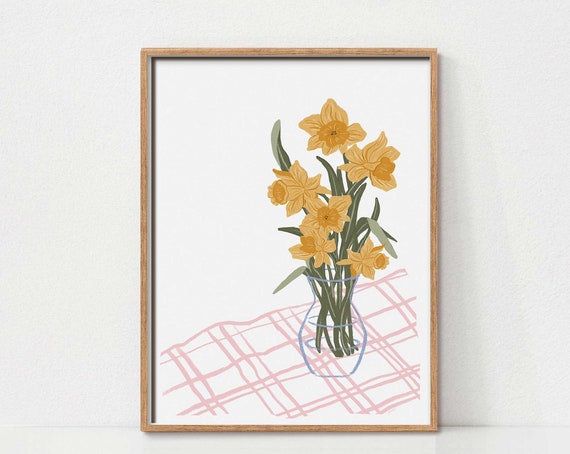 Yellow Daffodils Watercolor Print, Botanical Kitchen Decor