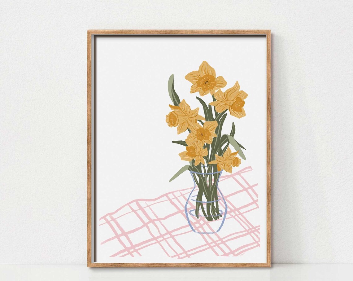 Yellow Daffodils Watercolor Print, Botanical Kitchen Decor