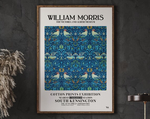 William Morris Bird Teal Floral Cotton Exhibition Museum Poster
