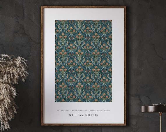 William Morris Art Nouveau Bird Botanical Teal Pattern Poster