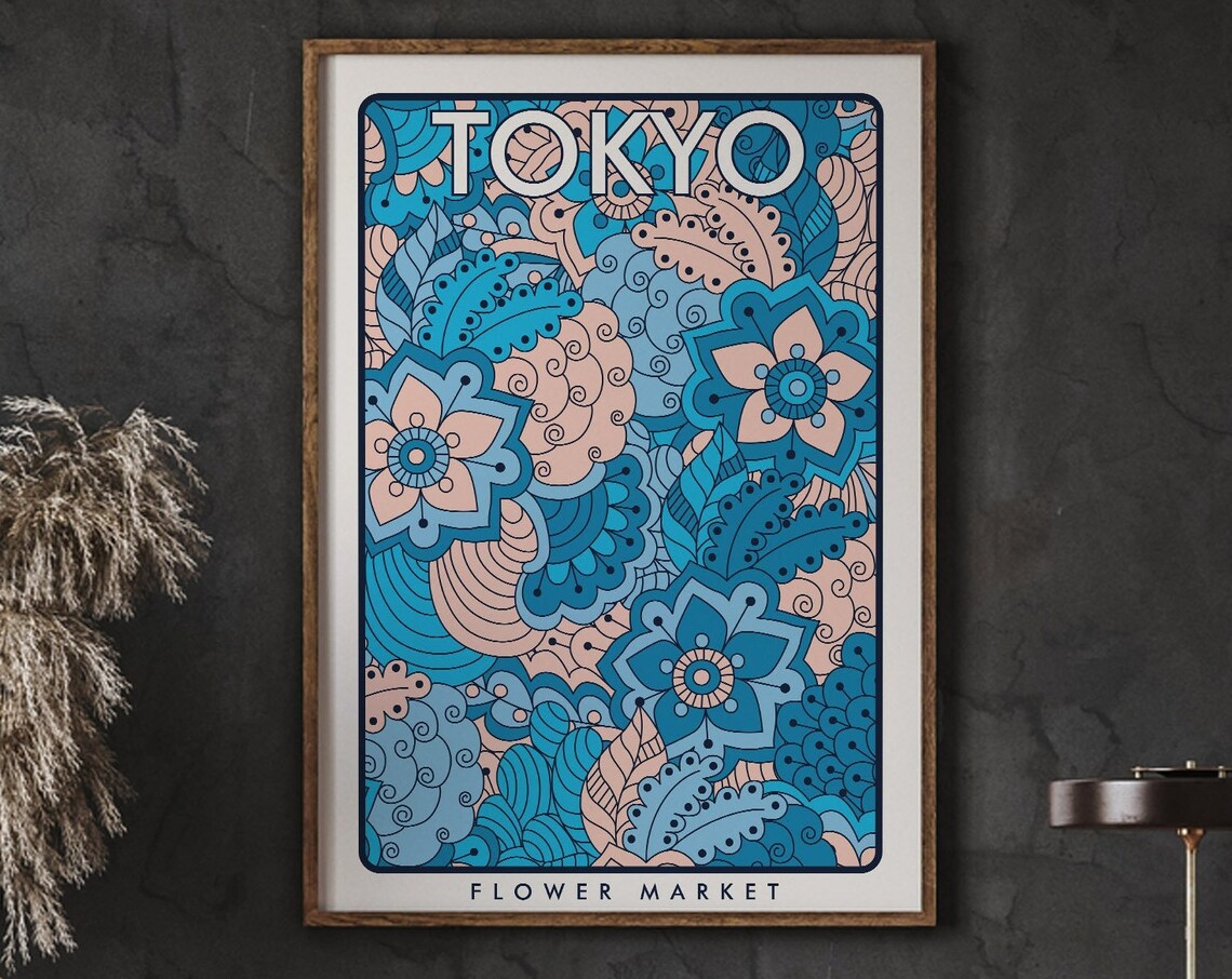 Tokyo Flower Market Retro Blue Floral Bold Psychedelic Art Poster
