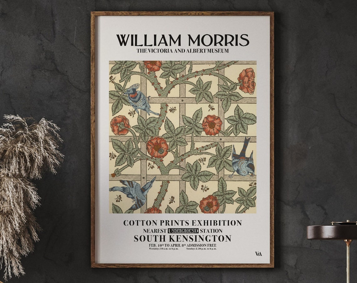 William Morris Rose Trellis Birds Cotton Pattern Exhibition Poster