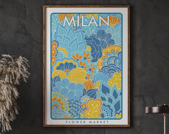 Milan Flower Market Retro Blue Gold Floral Botanical Art Poster