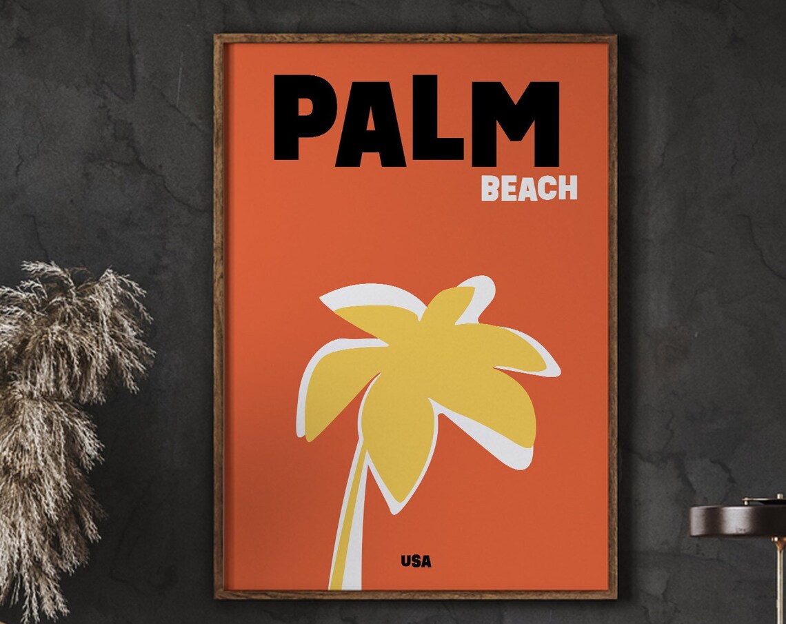 Palm Beach USA Minimalist Yellow Palm Tree Retro Travel Poster