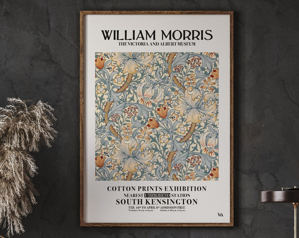 William Morris Cotton Prints Exhibition Yellow Blue Floral Poster