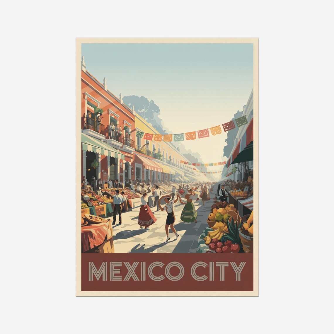 Mexico City Festival Street Market Vintage Celebration Travel Poster
