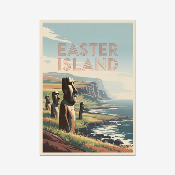 Easter Island Moai Statues Vintage Coastal Cliffs Travel Poster