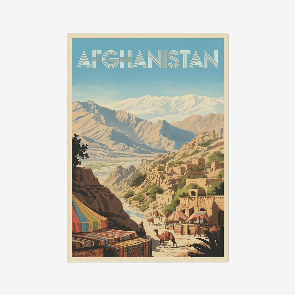 Afghanistan Vintage Travel Poster Desert Mountains Camel Caravan Art