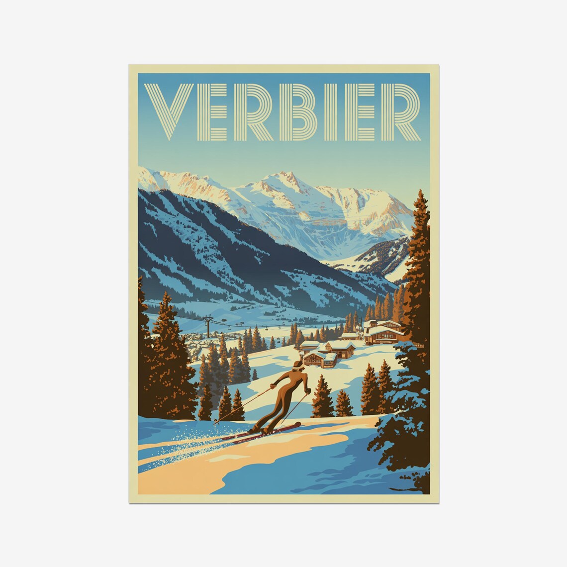 Verbier Switzerland Vintage Skiing Alpine Peaks Travel Poster