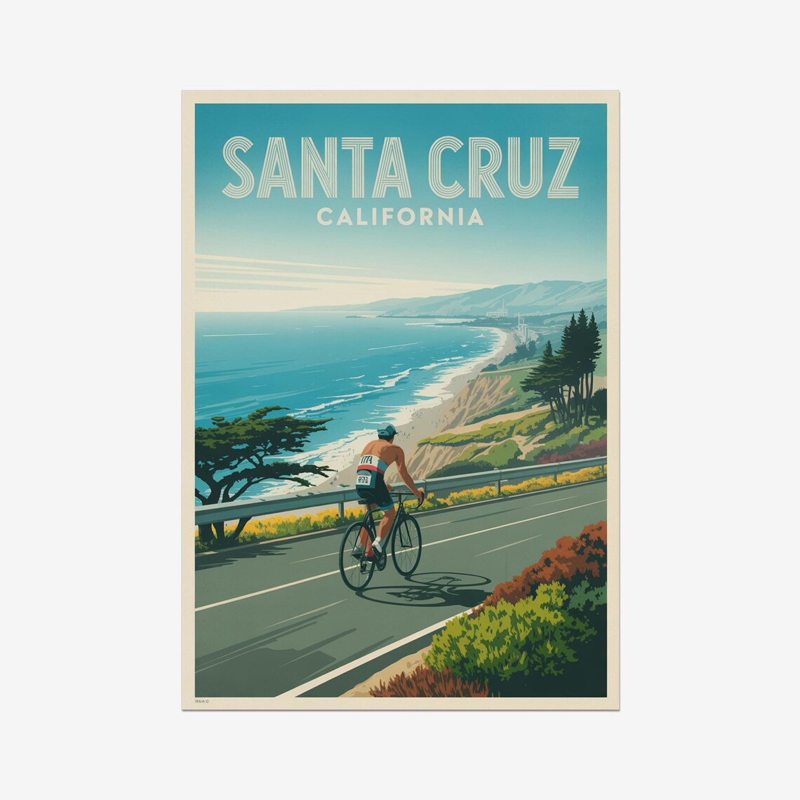 Santa Cruz California Triathlon Cyclist Ocean Highway Sports Poster