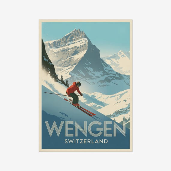 Wengen Vintage Travel Poster Skiing Switzerland