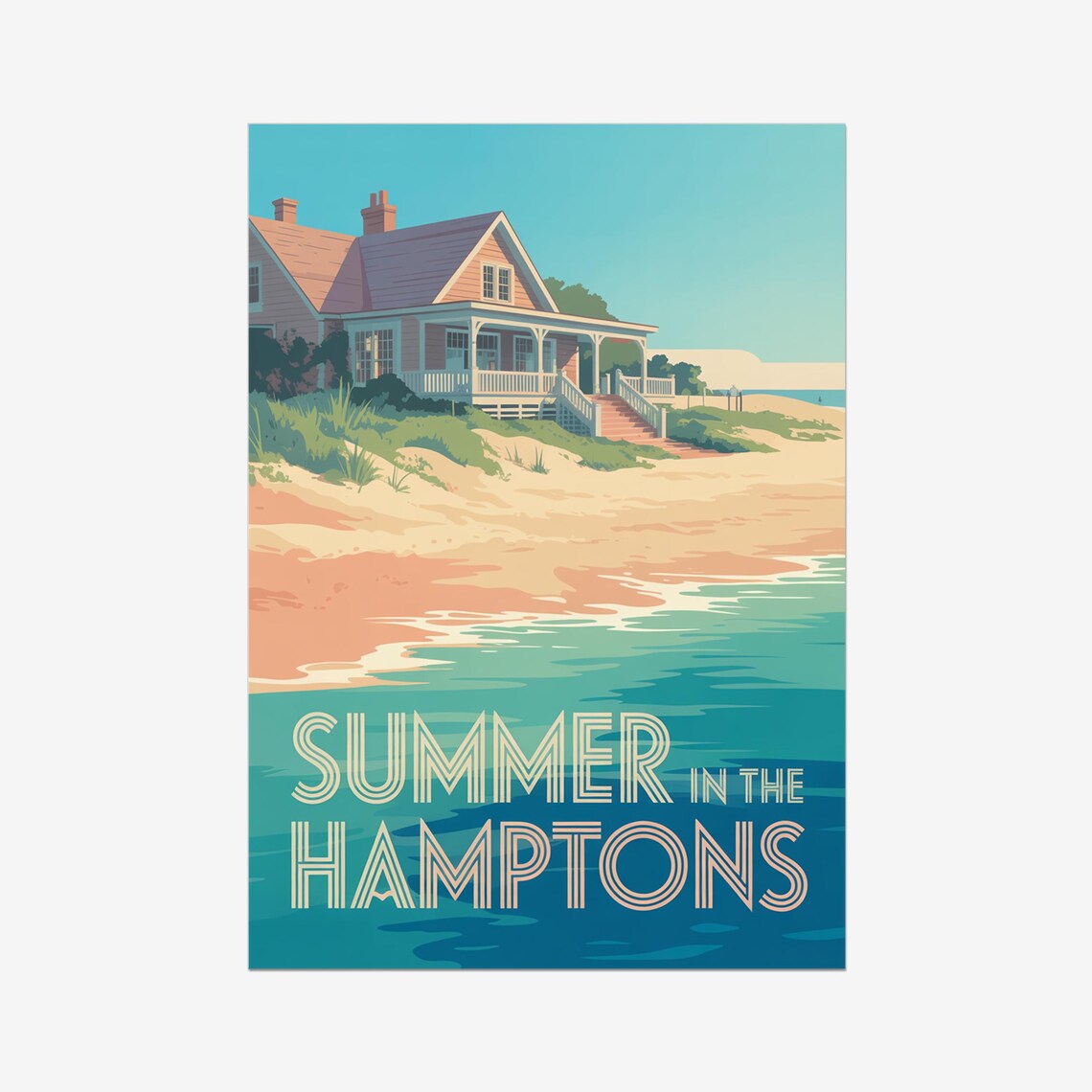 Summer In The Hamptons Beach Cottage Dunes Vintage Travel Poster