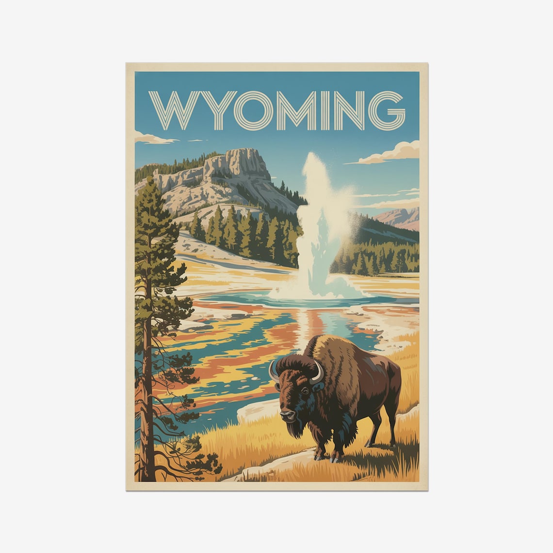 Wyoming Vintage Travel Poster with Bison and Erupting Geyser