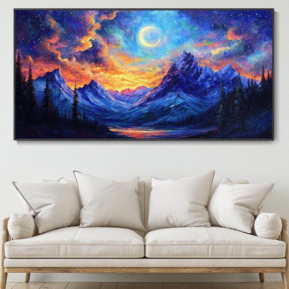 3d Textured Wall Art Moonlit Mountain Painting On Night Sky With Full Moon Art Impressionist Nature Wall Art Living Room Decor