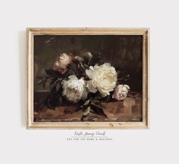 Vintage Peonies Flower Bouquet Oil Painting Wall Art Botanical Moody Cottagecore Academia
