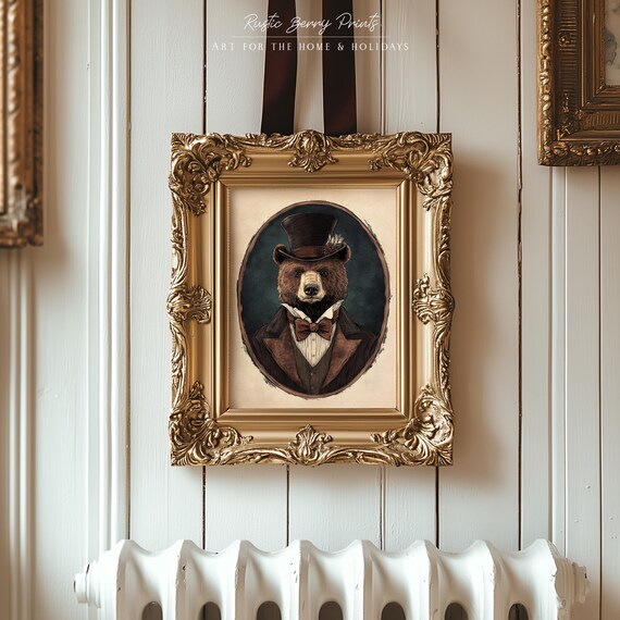 Brown Bear Top Hat Bow Tie Suit Vintage Victorian Gentleman Portrait Art Poster