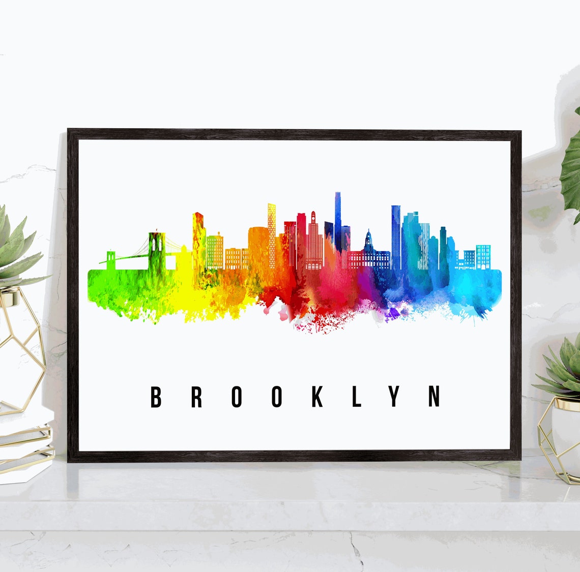 Brooklyn New York Rainbow Watercolor Skyline Bridge City Art Poster