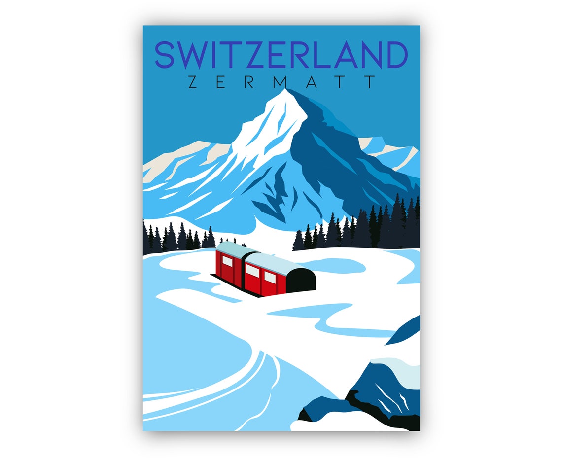Zermatt Switzerland Snowy Alpine Train Winter Mountain View Poster - Image 2