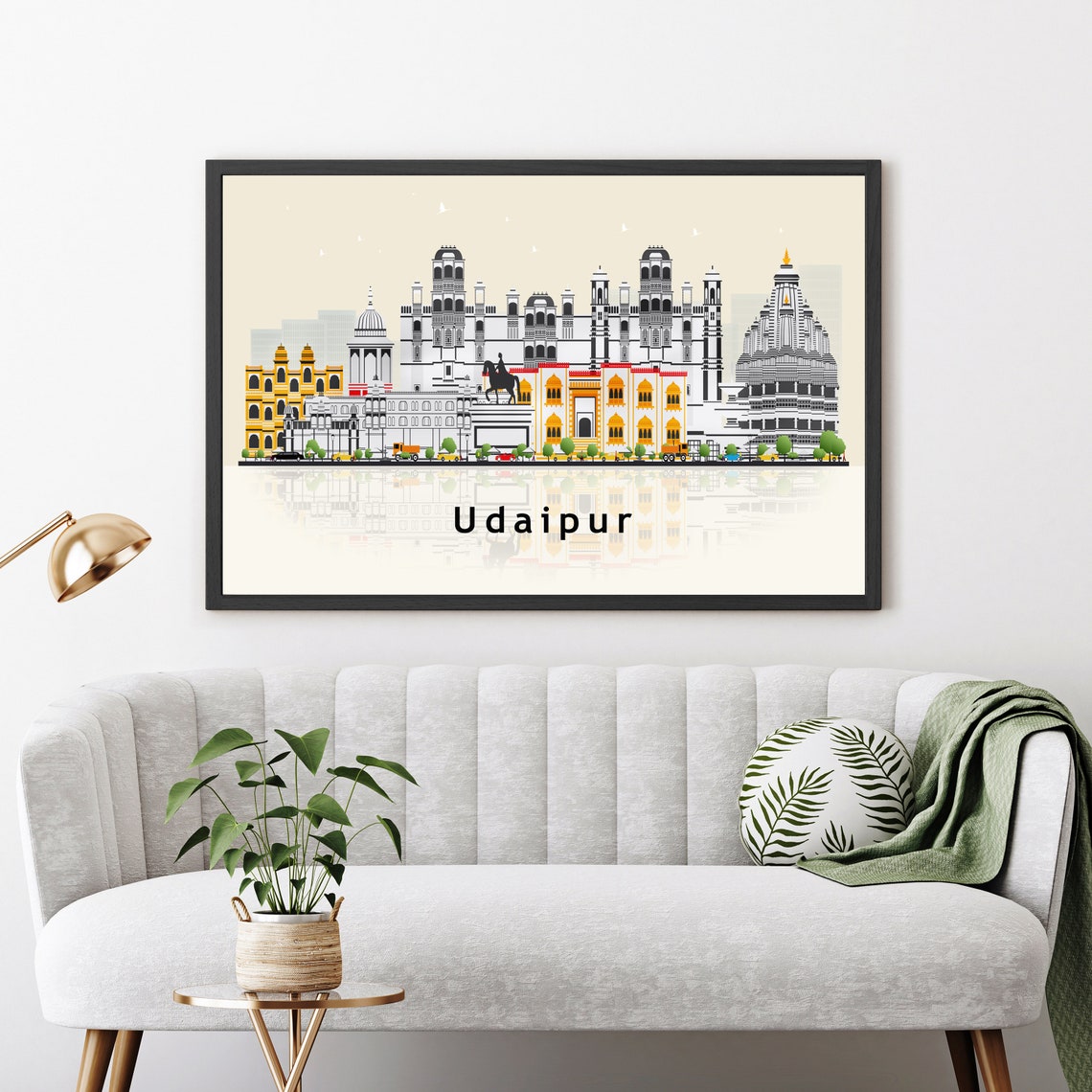Udaipur India Palace Skyline Illustration Temple Lake Reflection Art - Image 3