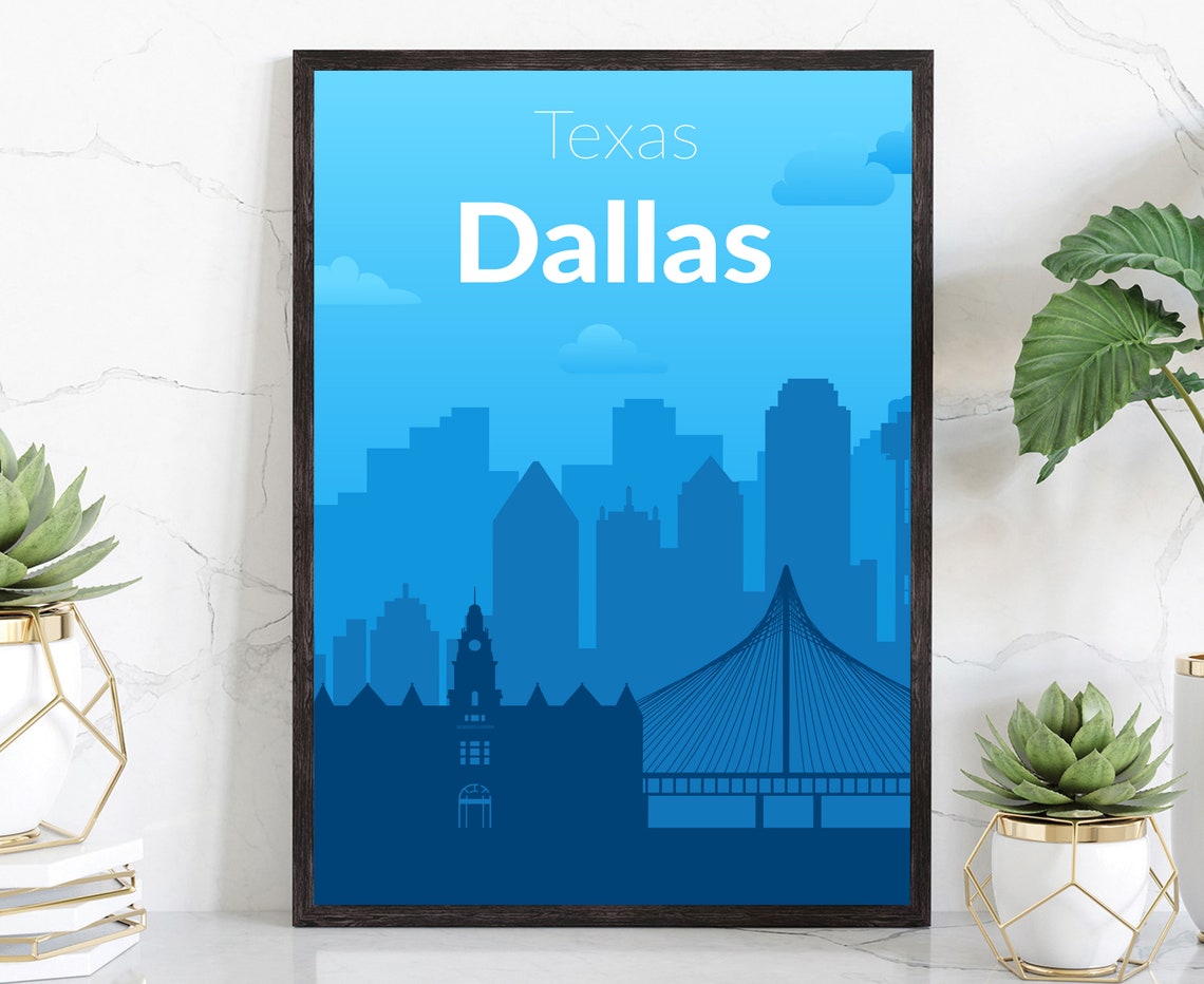 Dallas Texas Bright Blue Daytime Skyline Bridge Gradient City Poster