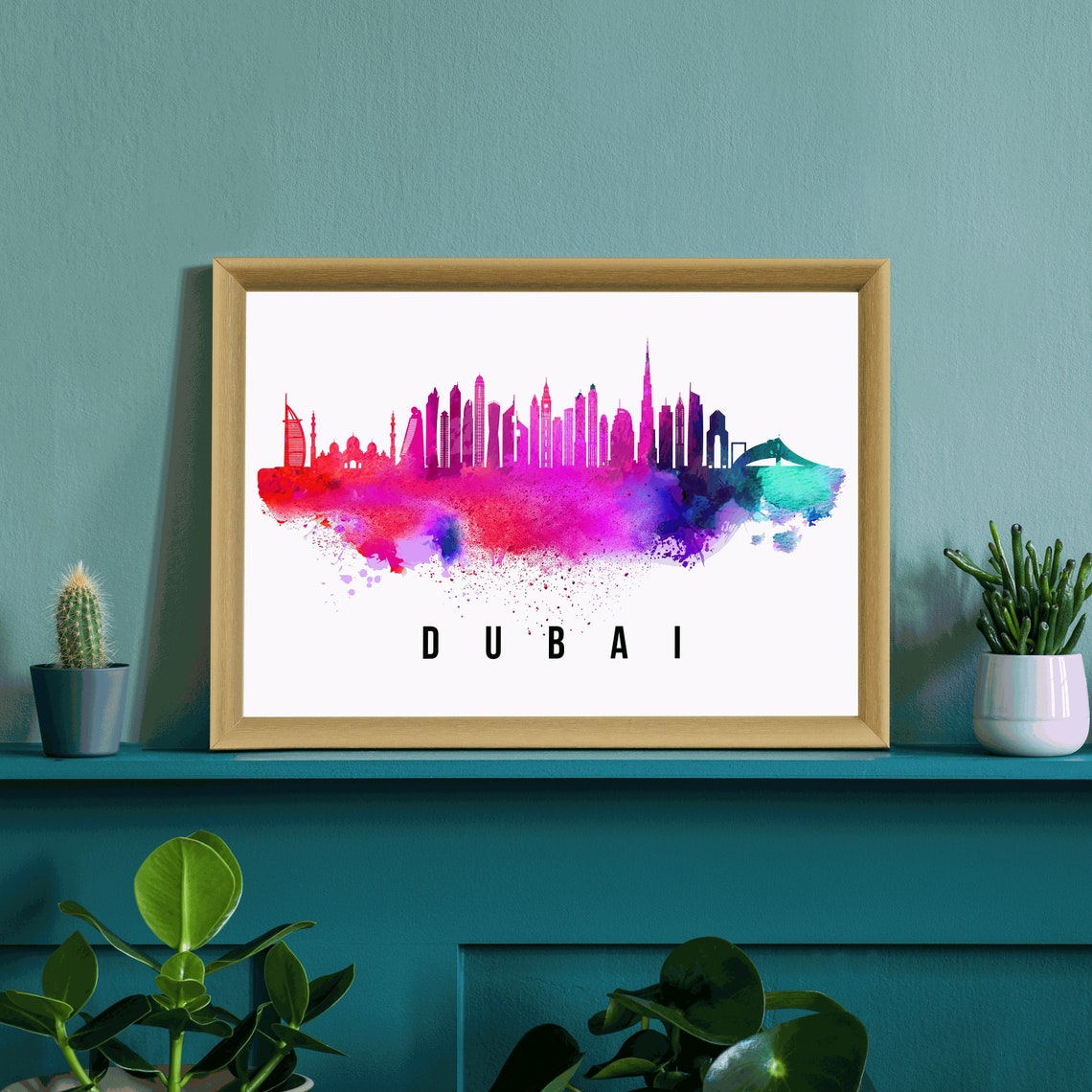 Dubai UAE Burj Khalifa Watercolor Splash Skyline Travel Poster - Image 3