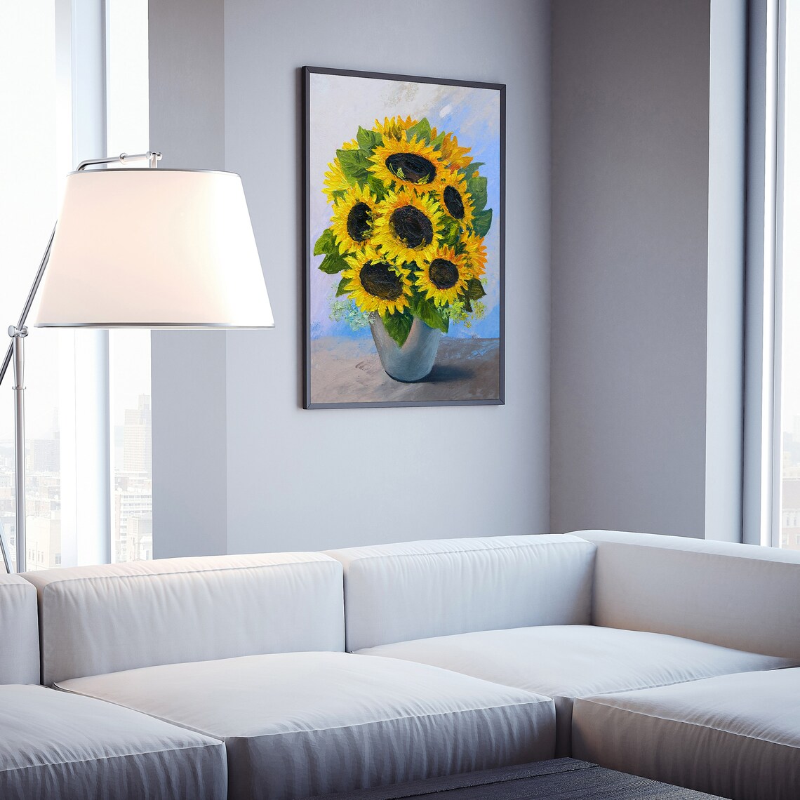 Sunflowers Bouquet Vase Impasto Oil Painting Blue Floral Wall Art - Image 4