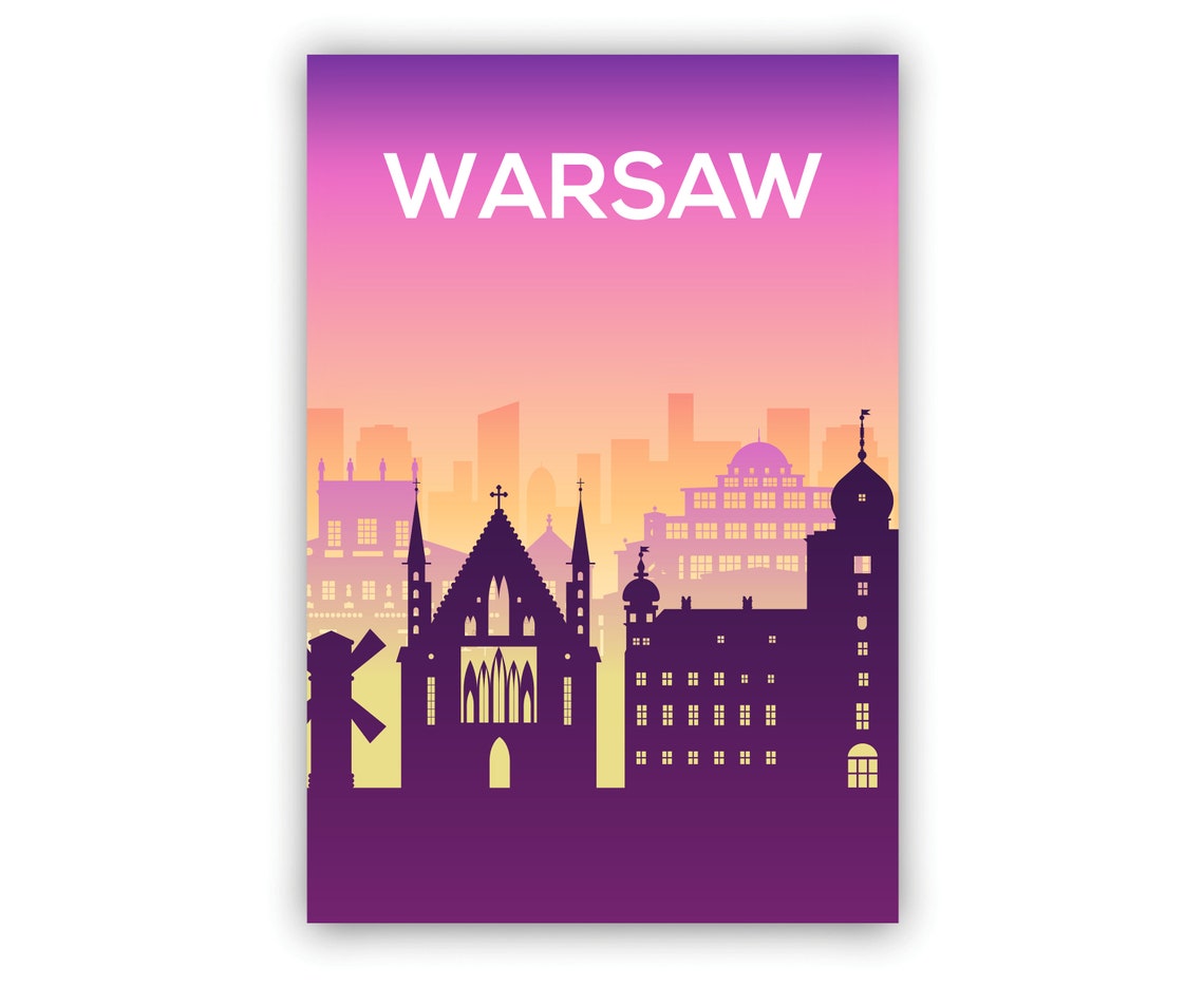 Warsaw Poland Purple Silhouette Sunset Skyline Modern Travel Poster - Image 2