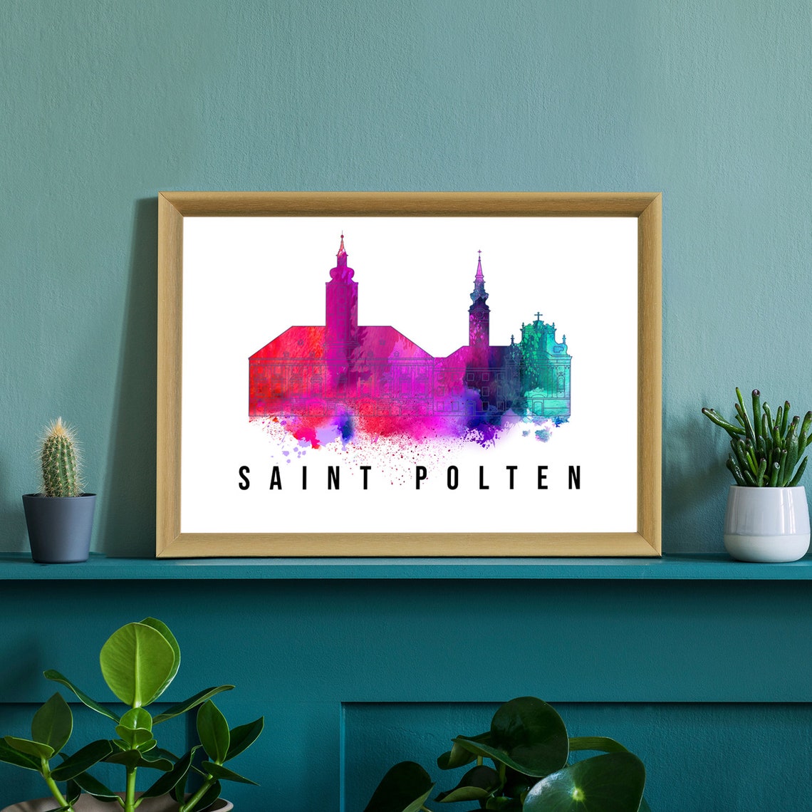 Saint Polten Austria Pink Teal Watercolor Skyline Church Towers Poster - Image 2