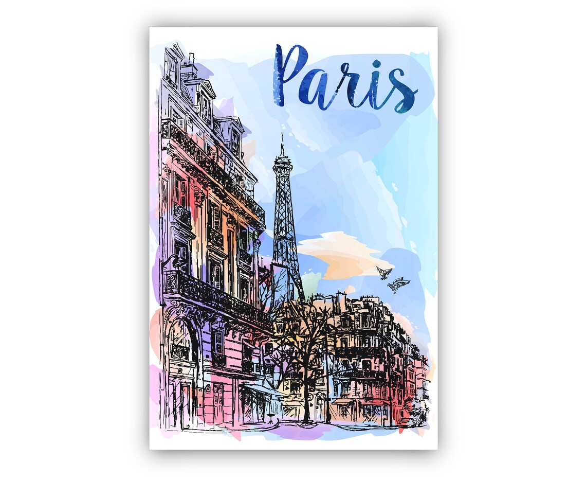 Paris France Eiffel Tower Watercolor Street View Sketch Travel Poster - Image 2