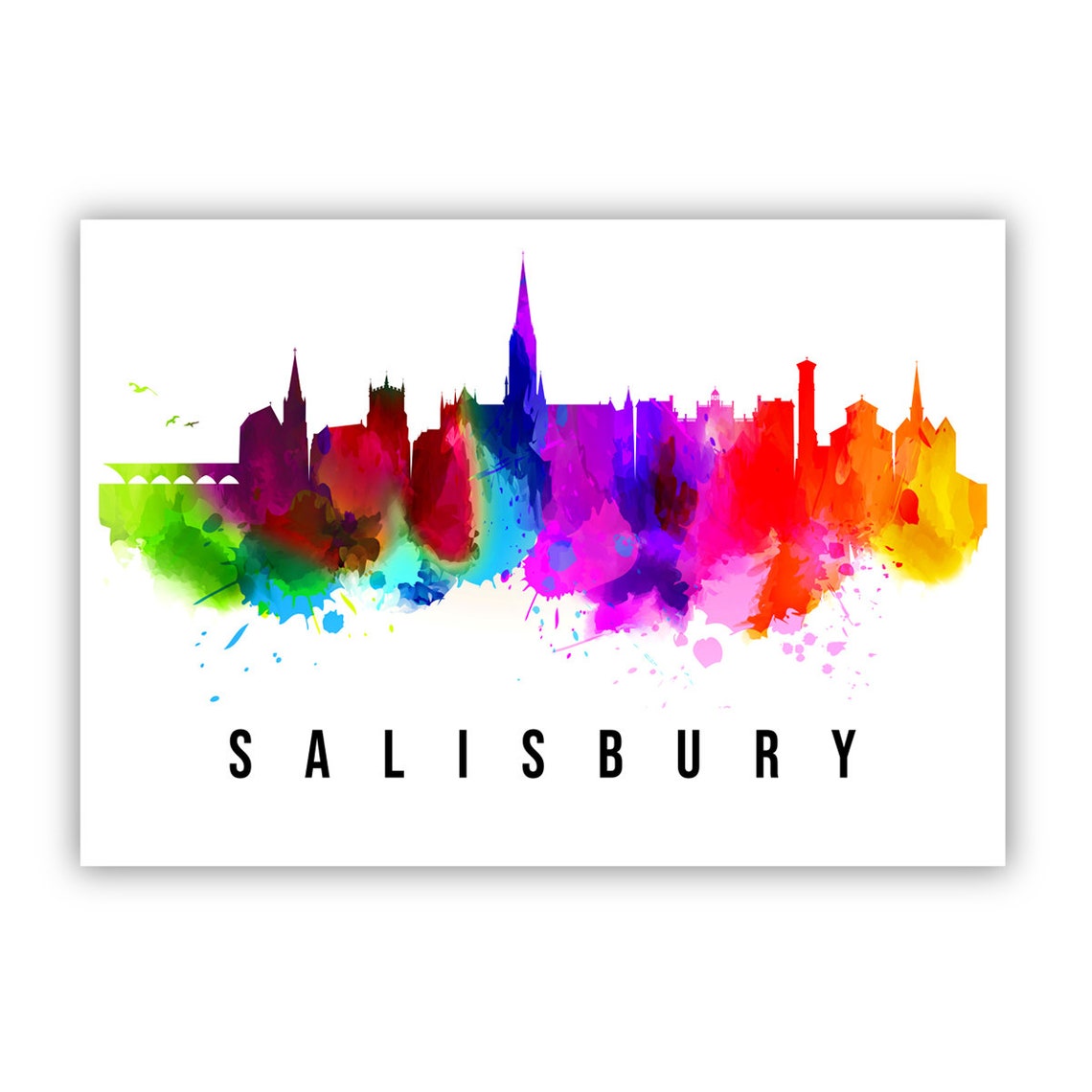 Salisbury England Cathedral Spire Watercolor Skyline City Poster - Image 2