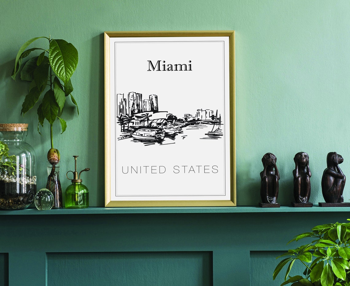 Miami Florida Waterfront Boats Skyline Hand Drawn Line Art Poster - Image 3
