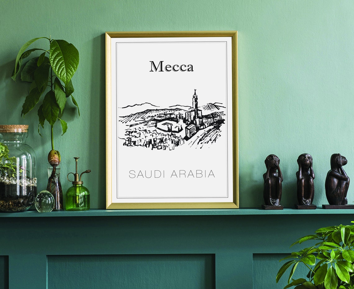 Mecca Saudi Arabia Hand Drawn Cityscape Mountain Skyline Travel Poster - Image 3