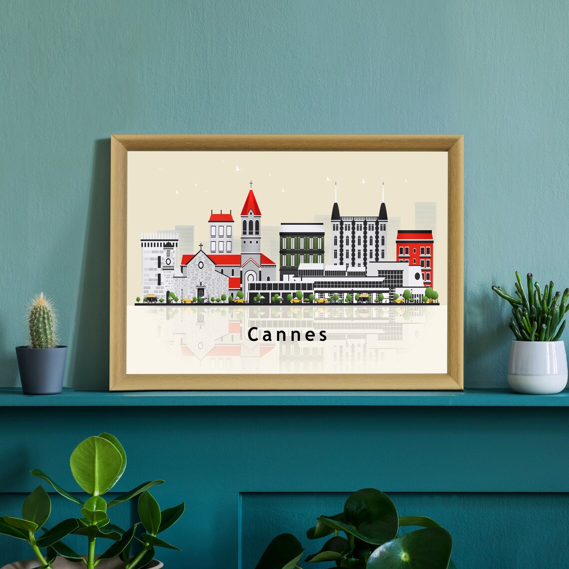 Cannes France Riviera City Skyline Illustration With Reflection Poster - Image 2