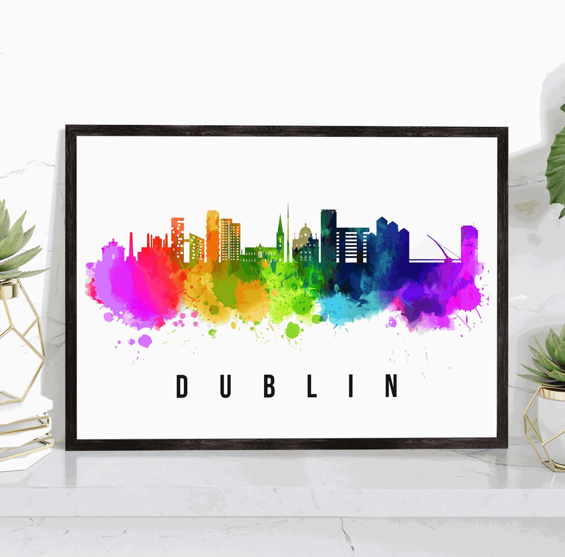 Dublin Ireland Rainbow Watercolor City Skyline Silhouette Art Poster