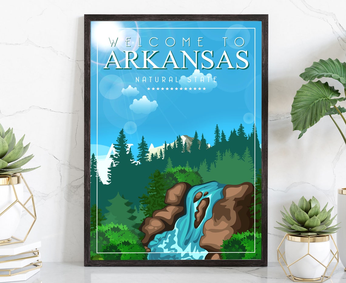 Arkansas Natural State Retro Waterfall Pine Forest Travel Poster
