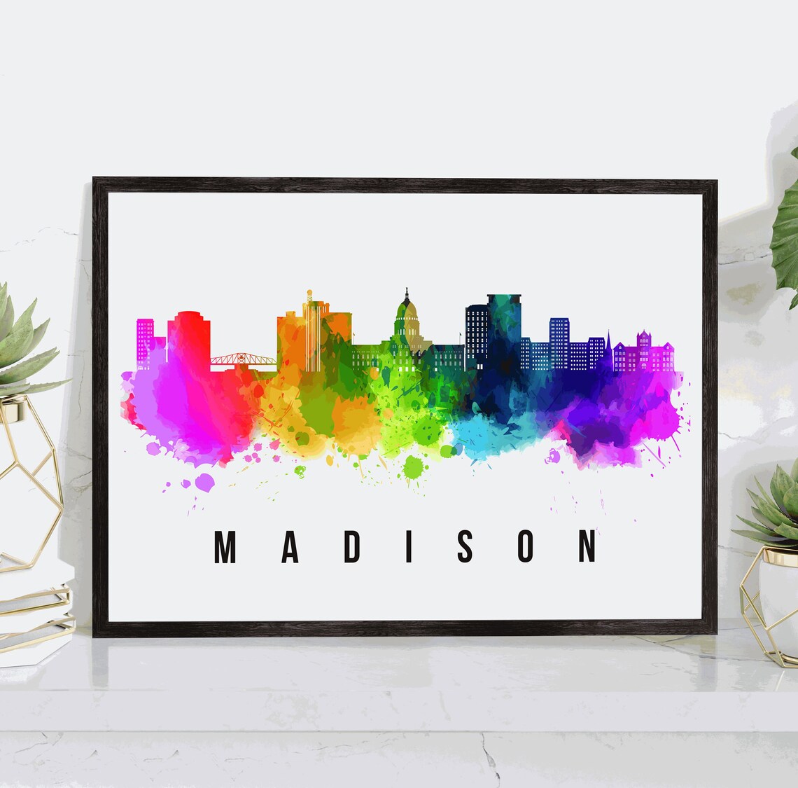 Madison Wisconsin Rainbow Watercolor Capitol Skyline Silhouette Poster