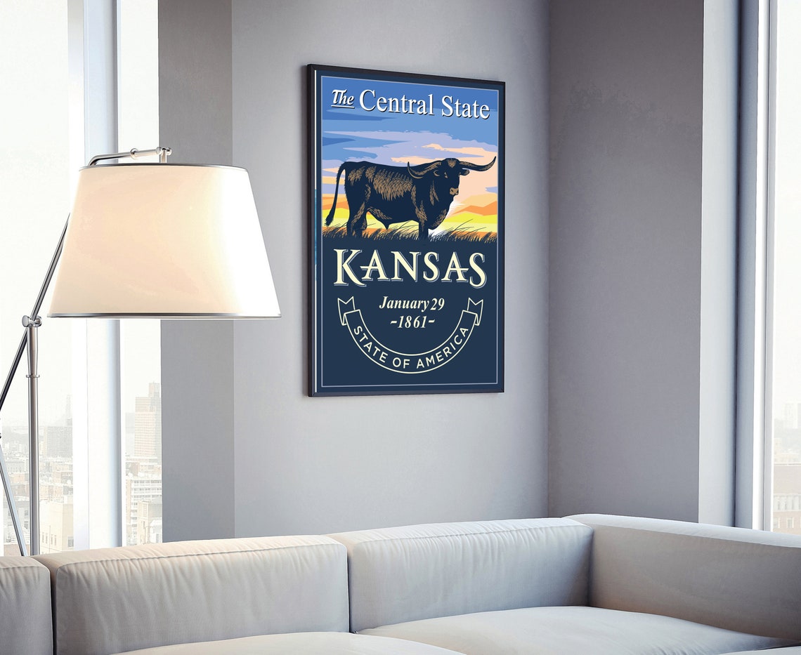 Kansas Central State Longhorn Sunset Retro Vintage State Emblem Poster - Image 4