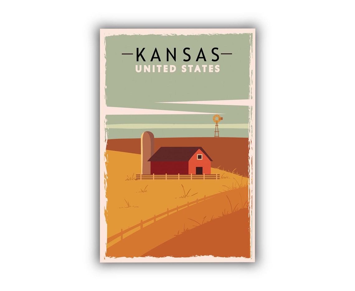 Kansas Golden Prairie Red Barn Windmill Vintage Travel Poster - Image 2