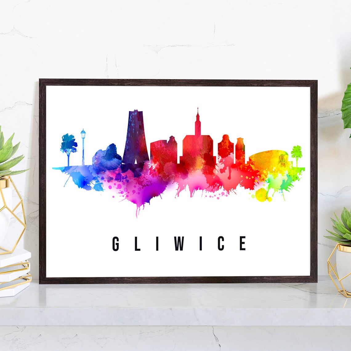Gliwice Poland Town Skyline Rainbow Watercolor Landmark Poster