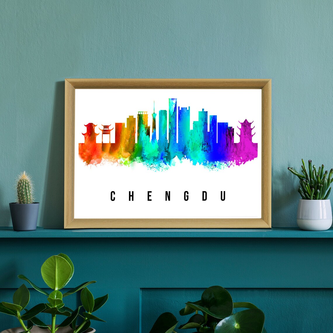 Chengdu China Rainbow Watercolor Skyline Pagodas Towers Wall Art - Image 2