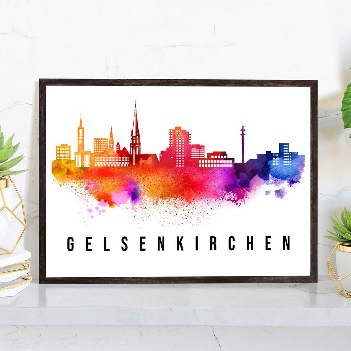 Gelsenkirchen Germany Rainbow Watercolor Skyline Cityscape Poster