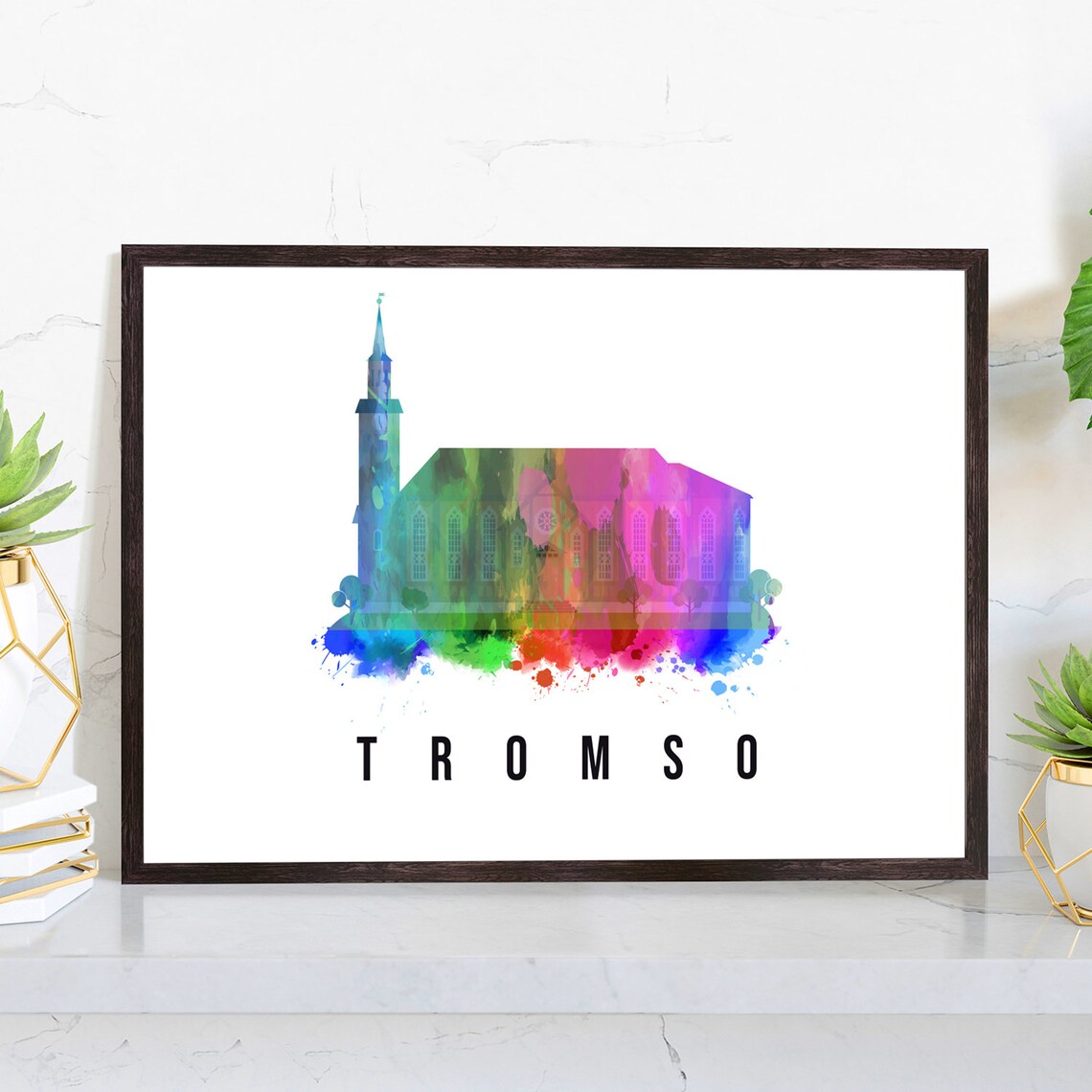 Tromso Norway Wooden Church Spire Rainbow Watercolor Art Poster