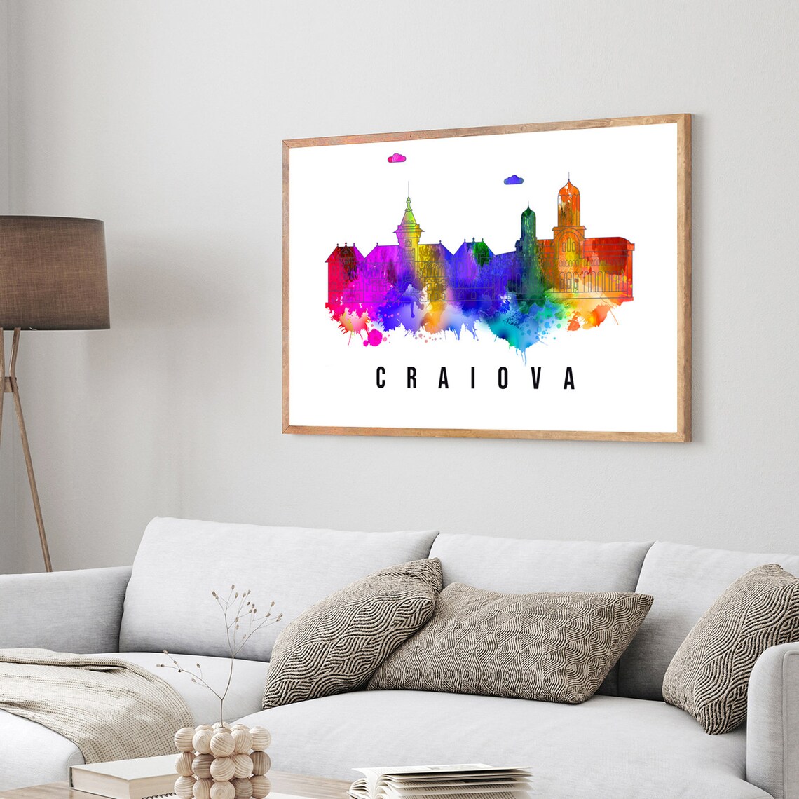 Craiova Romania Rainbow Watercolor Skyline Old Buildings Poster - Image 3