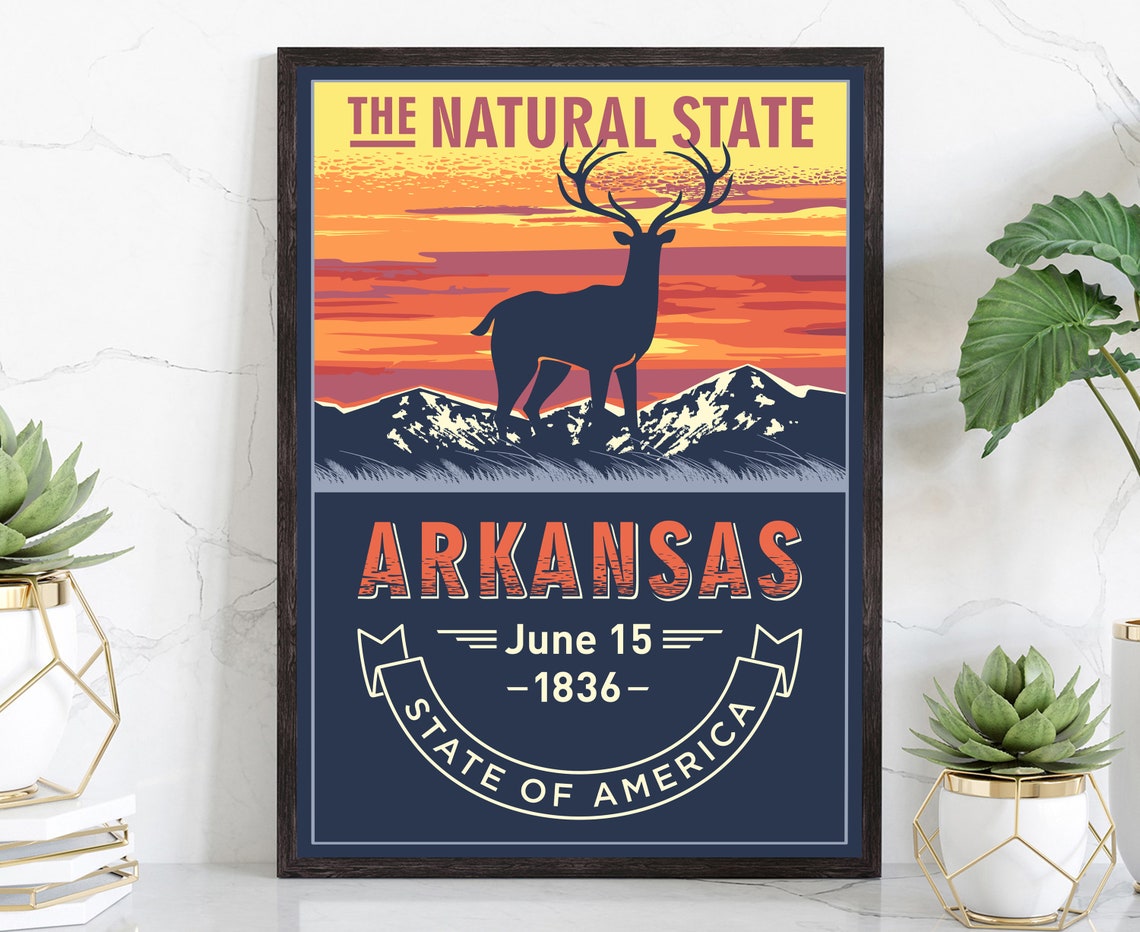 Arkansas Natural State Elk Sunset Wildlife Retro Vintage Travel Poster